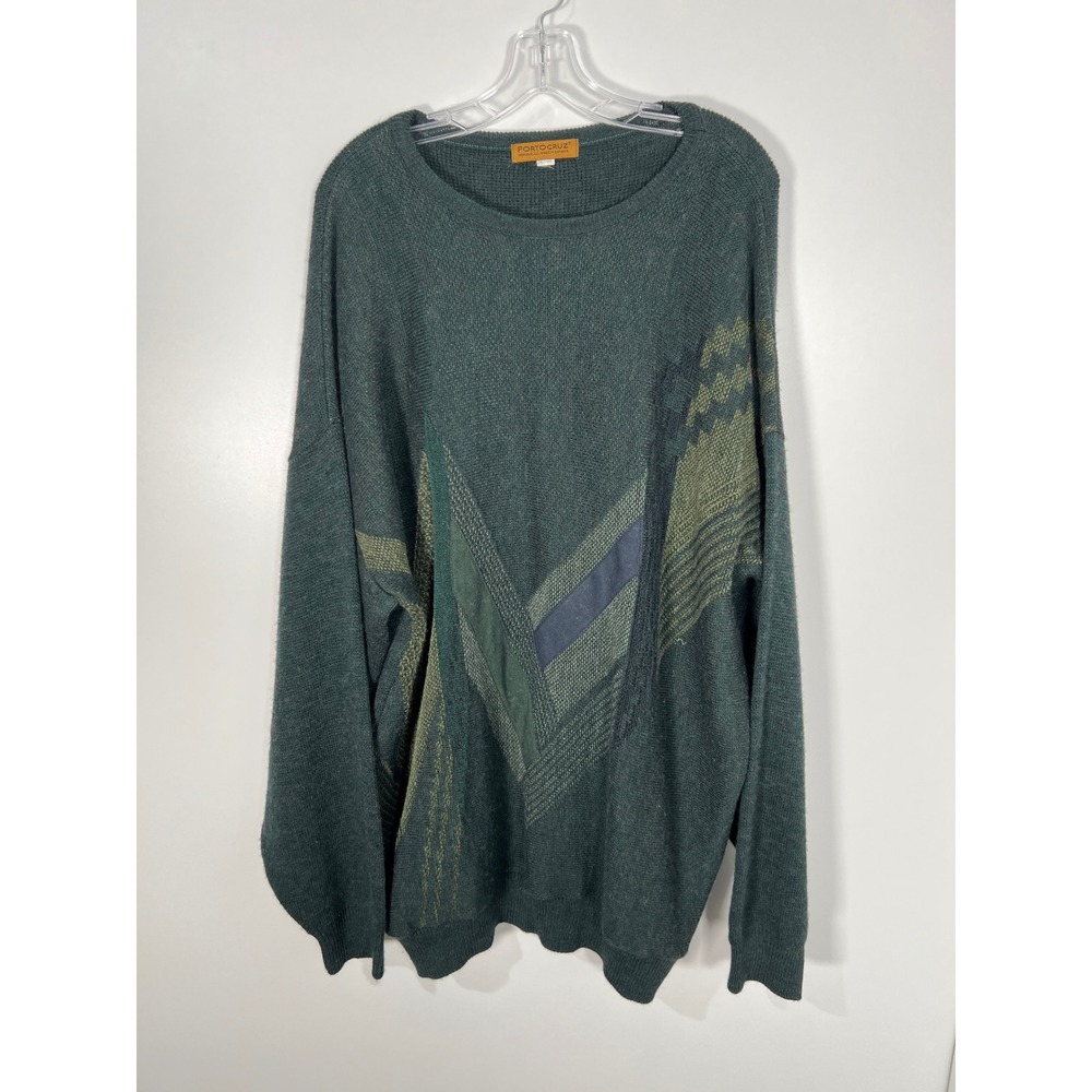 Vintage Grandpacore Green Abstract Geometric Wool Blend Knit Sweater 2XLT